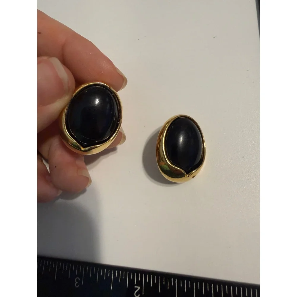 Vintage Gold Tone Black Cabochon Oval Omega Back Post Earrings Statement Jewelry